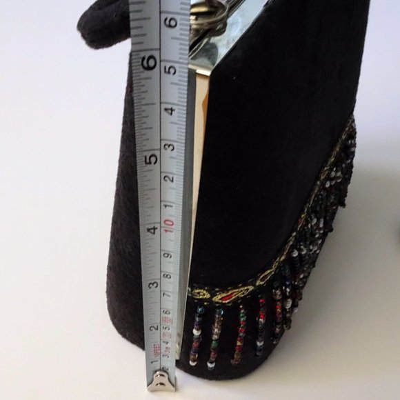 Moni Mini Black Velvet Beaded Fringe Clutch Purse - Picture 10 of 11